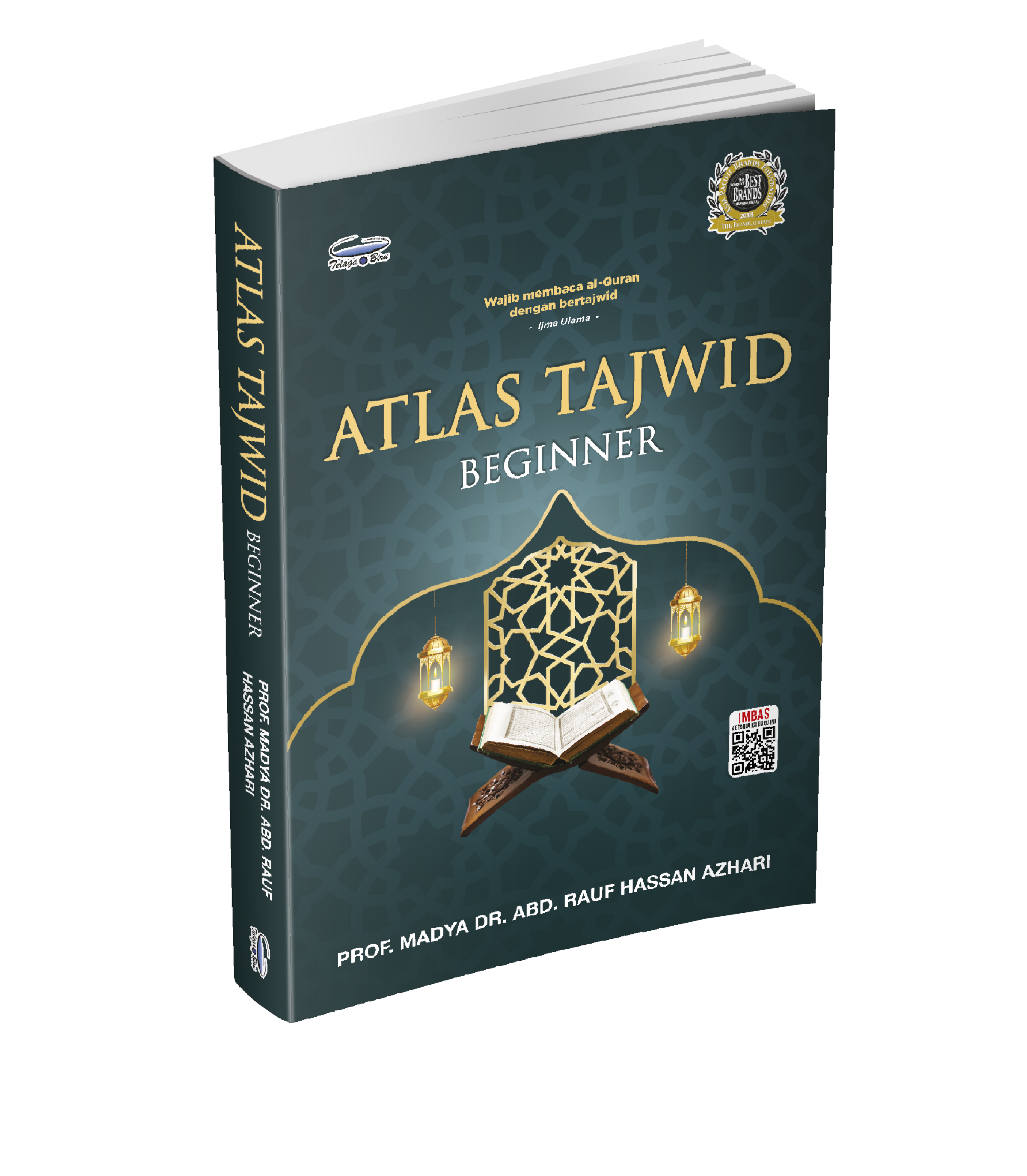 Cover of 'Atlas Tajwid (Beginner)' book with a green color scheme, featuring an open book design with decorative elements and text.