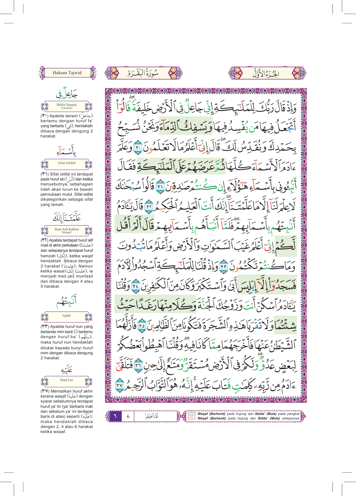 Al-Quran Al-Karim Waqaf &amp; Ibtida' Dan Tajwid Al-Mujawwad Dengan Penerangan Hukum Tajwid (B5)- (TBAQ1046)